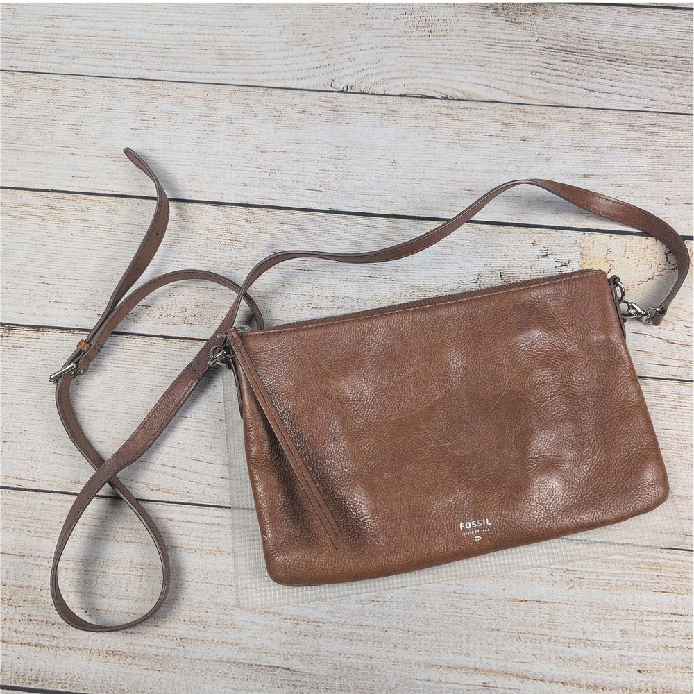 Fossil Brown Leather Crossbody Bag Zip Top Messenger Purse